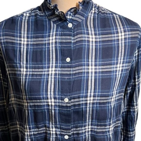 Nili Lotan Vivian Tribeca Design Shirt Navy White Plaid Ruffle Neck Medium - Picture 5 of 12